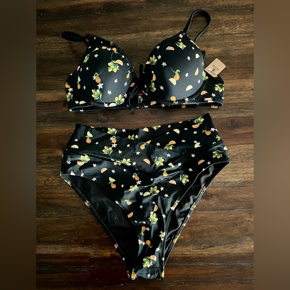PINK Victoria's Secret Black Bikini Set with Citrus Print